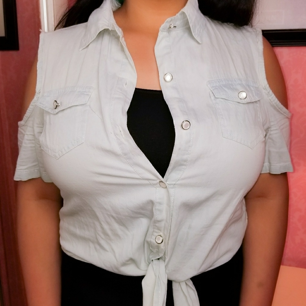 Denim cold shoulder top